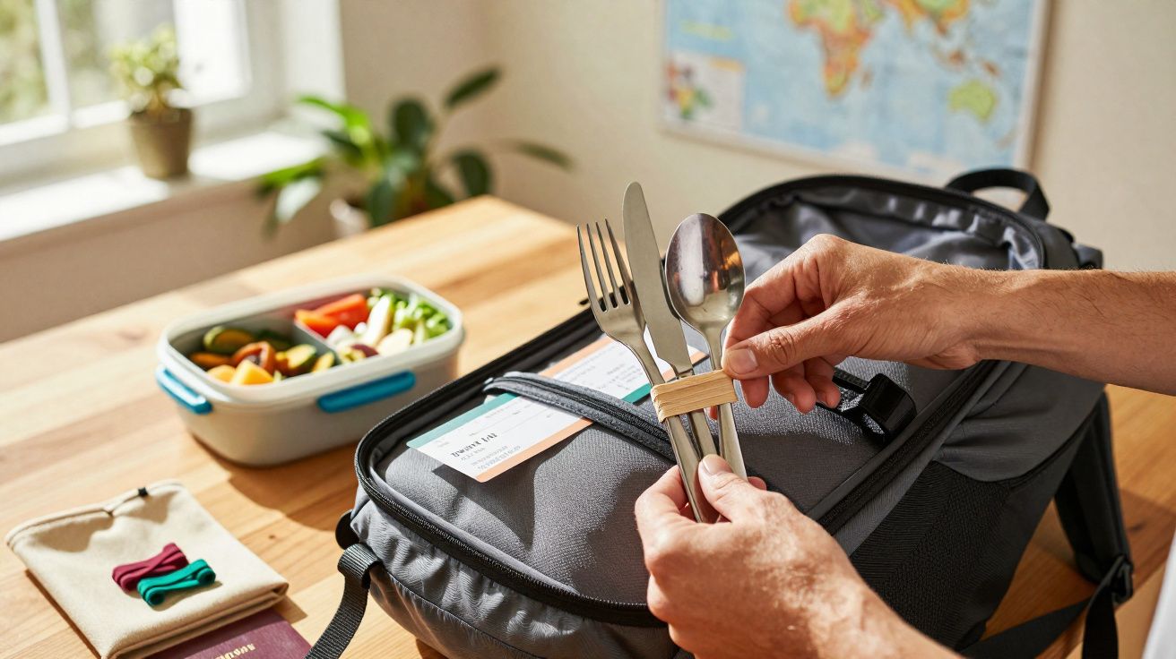 Mãos colocando talheres presos com elástico sobre mochila cinza em mesa com marmita e mapa ao fundo.