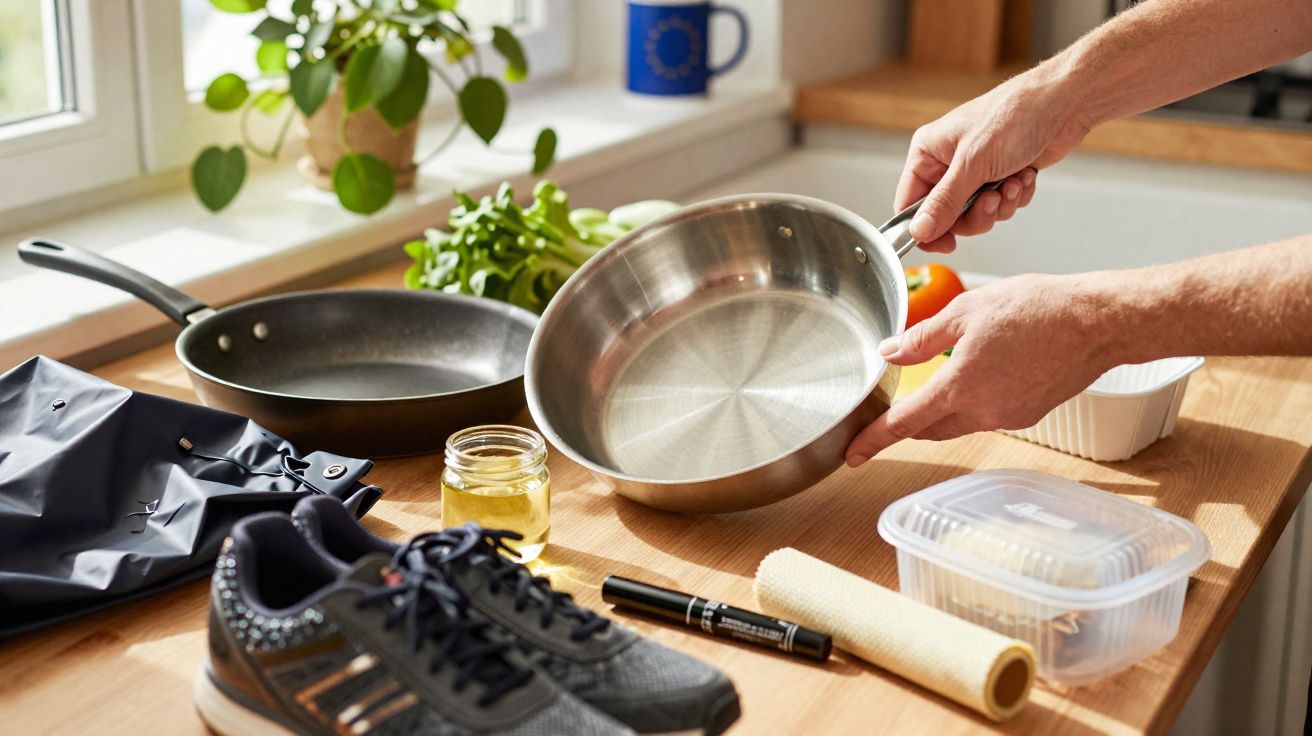Mãos seguram frigideira inox sobre mesa com tênis, caneta, pote, pano, panela e planta ao fundo.