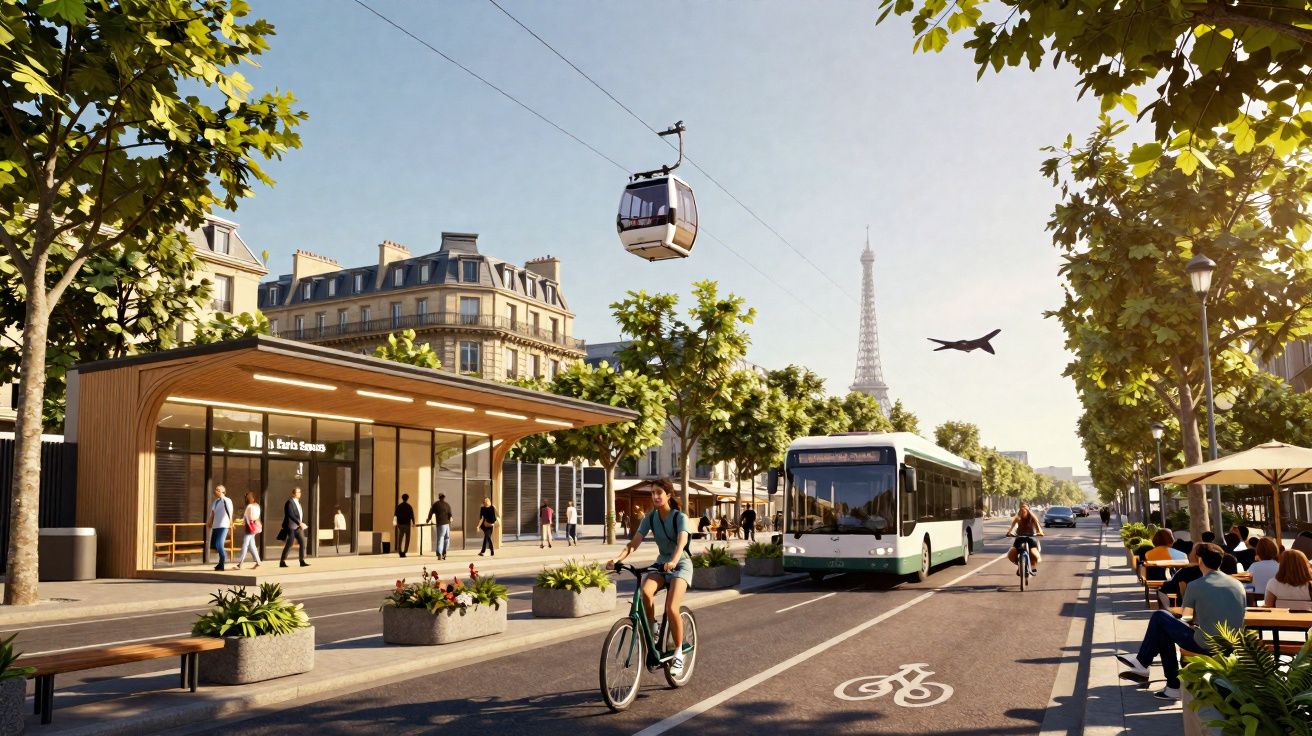 Rua urbana com ciclistas, ônibus, teleférico, pessoas e Torre Eiffel ao fundo em dia ensolarado