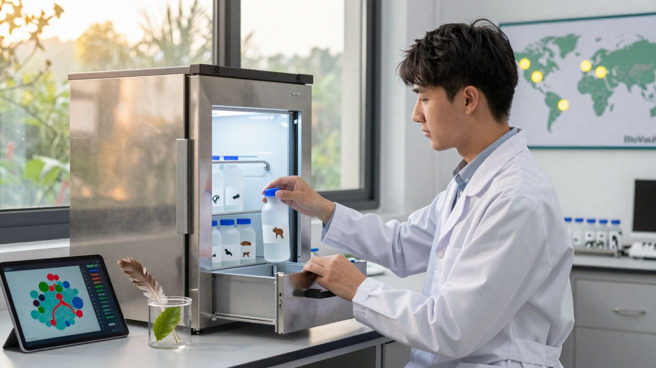 Pesquisador em jaleco manipulando amostras em frascos dentro de uma pequena geladeira em laboratório.