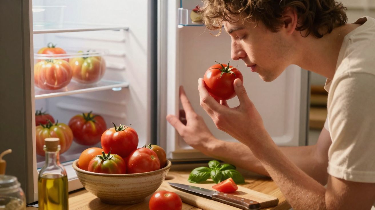 Jovem cheirando um tomate vermelho na cozinha ao lado de uma geladeira aberta com mais tomates dentro.