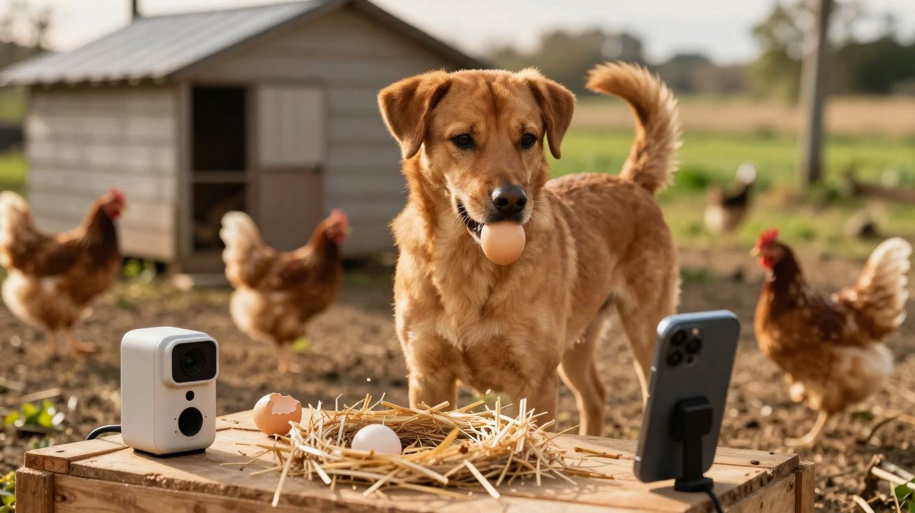 Cachorro segurando um ovo na boca perto de galinhas, ninho com ovos, câmera e celular em área externa rural.
