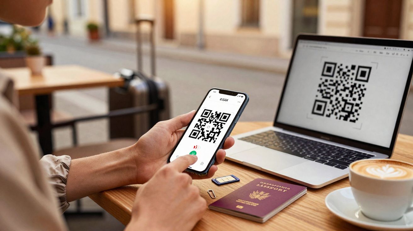 Pessoa segurando celular com código QR, laptop, passaporte e café sobre mesa em ambiente externo.