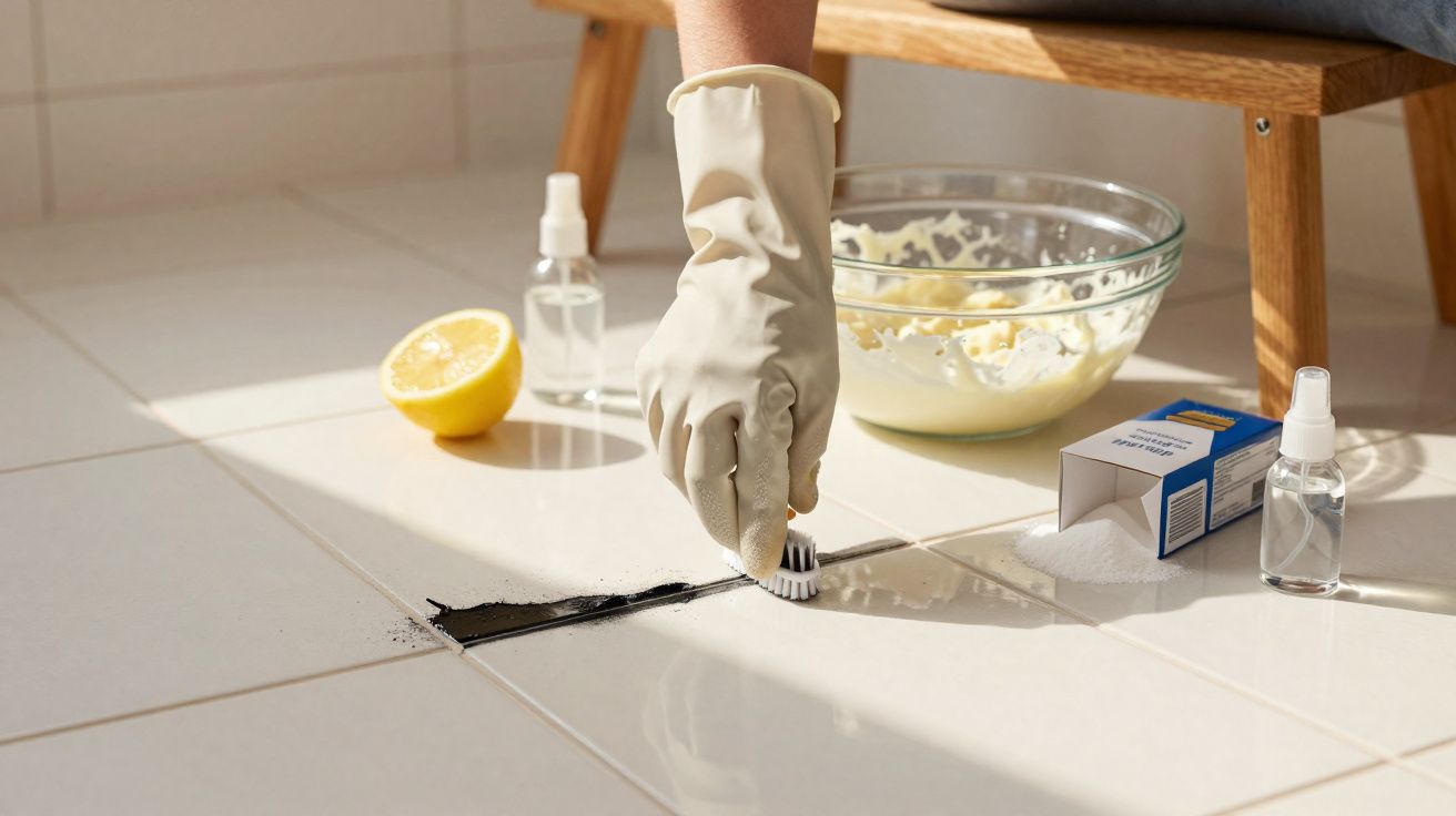 Pessoa usando luva de borracha limpa rejunte de piso branco com escova e produtos caseiros.