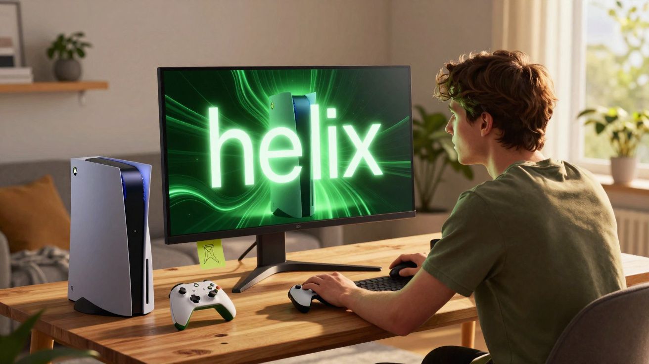 Jovem sentado à mesa jogando no computador com controle e console ao lado em ambiente iluminado.