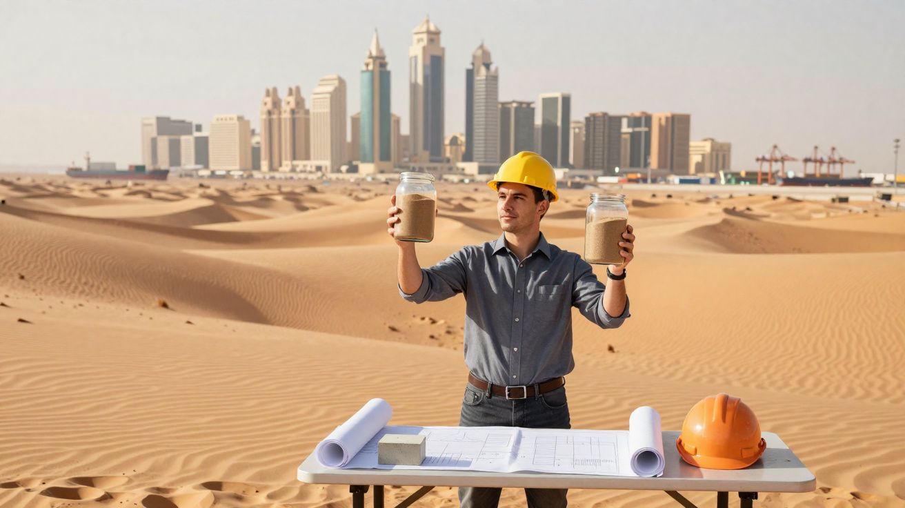 Engenheiro com capacete amarelo segura potes de areia em canteiro de obras no deserto com prédios ao fundo.