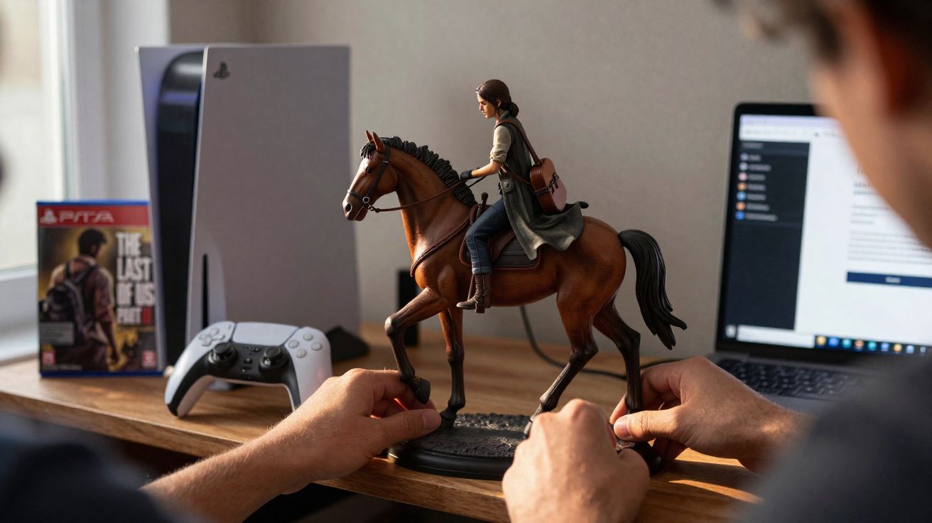 Pessoa monta estátua de personagem feminina em cavalo, ao lado de console PlayStation 5 e notebook.