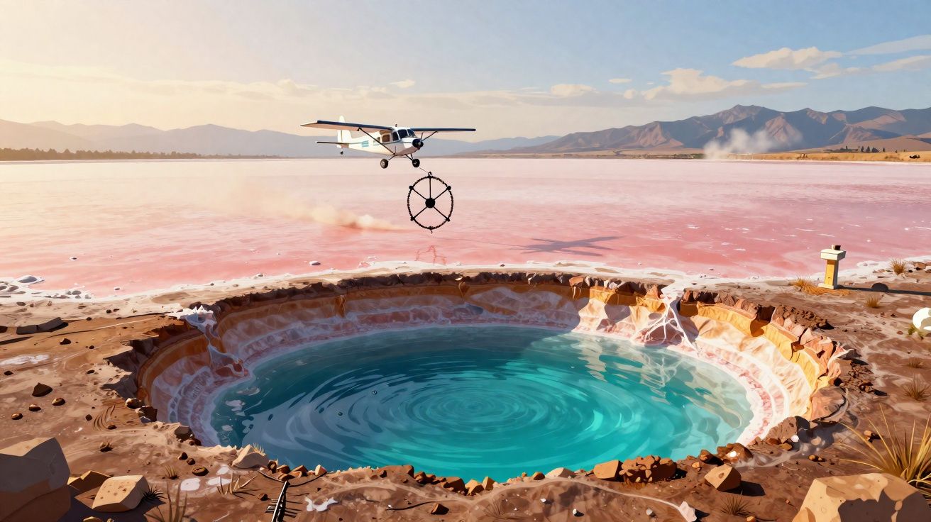 Avião pequeno sobrevoa lago rosa com poço de água azul no centro, cercado por terra e montanhas ao fundo.