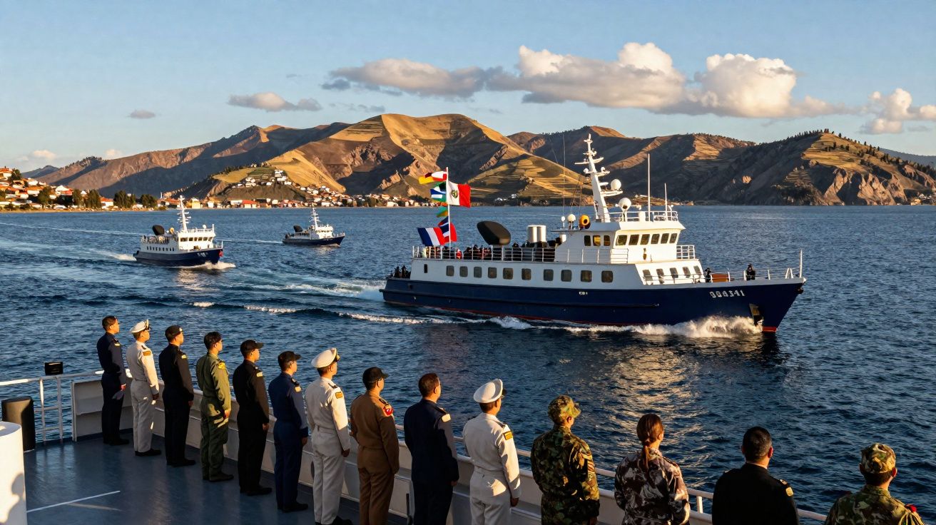 Militares em uniformes variados observam navios passando em um mar calmo com montanhas ao fundo.