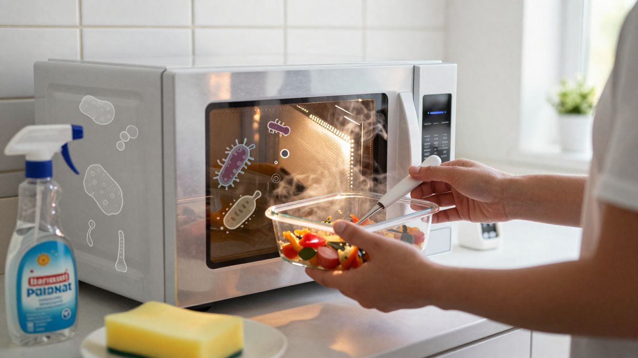 Mãos segurando recipiente com salada diante de micro-ondas com desenhos de bactérias e produto de limpeza.