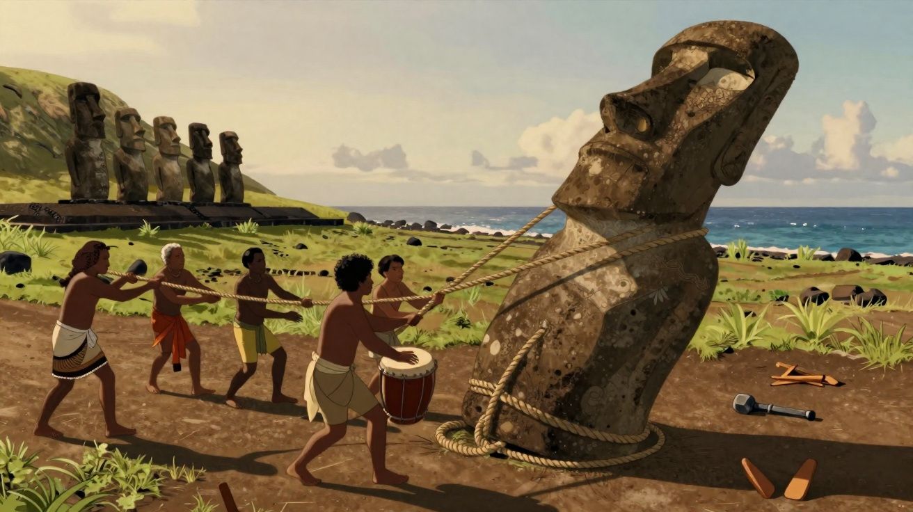 Pessoas puxam com cordas estátua Moai em paisagem costeira com outras estátuas e vegetação ao fundo.