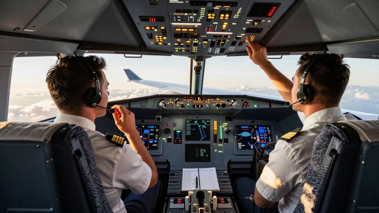 Dois pilotos na cabine de comando de avião durante voo, operando controles e se comunicando por rádio.
