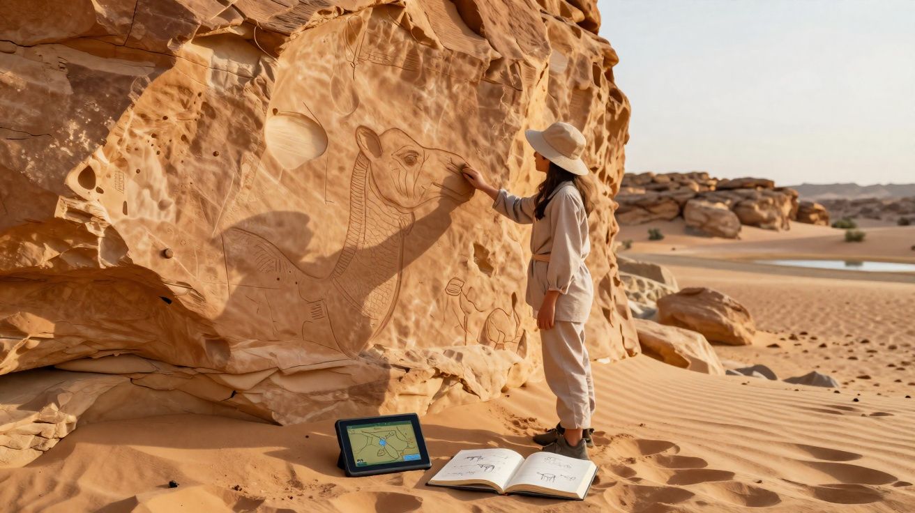 Mulher em roupas claras e chapéu desenha camelo em rocha no deserto com tablet e livro no chão.