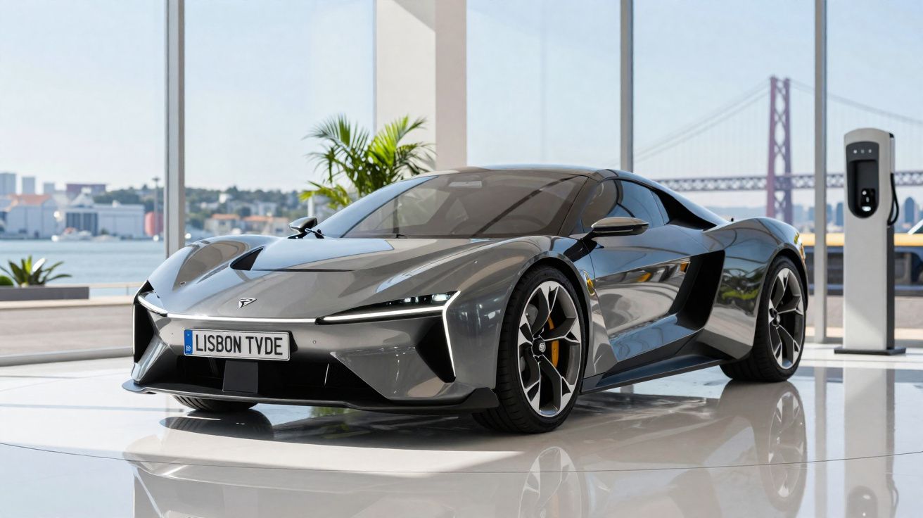 Carro esportivo elétrico cinza estacionado em showroom com janela e estação de recarga ao fundo.