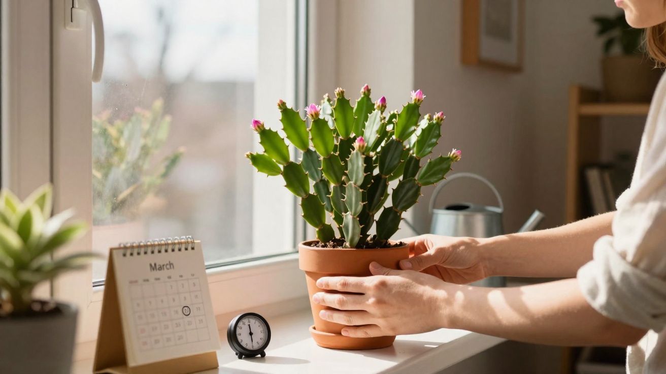 Pessoa ajustando vaso com cacto florido em peitoril iluminado por luz natural ao lado de calendário e relógio.