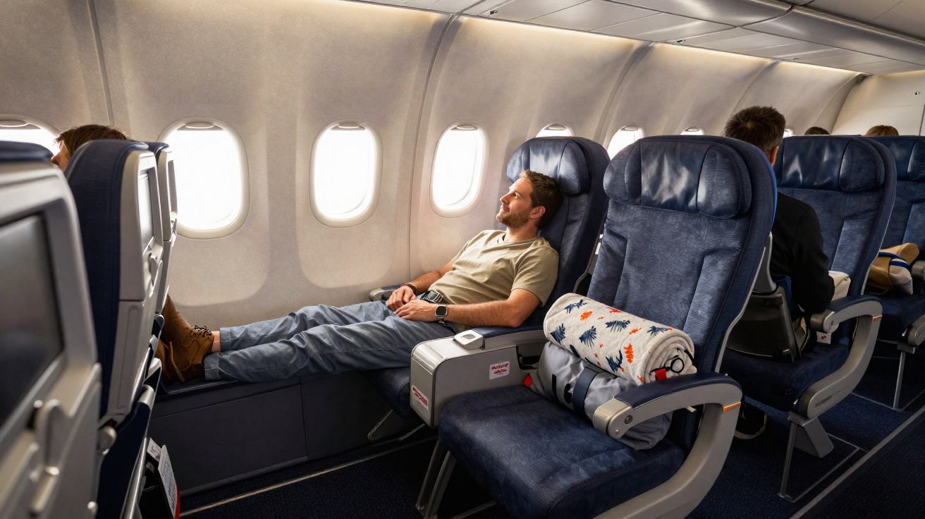 Homem relaxando com as pernas esticadas na poltrona ao lado da janela em avião.