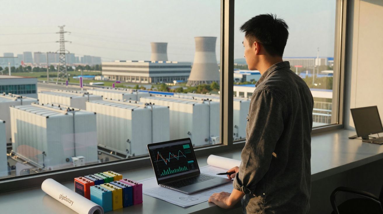 Homem observa gráficos em laptop com paisagem industrial e usina ao fundo pela janela.