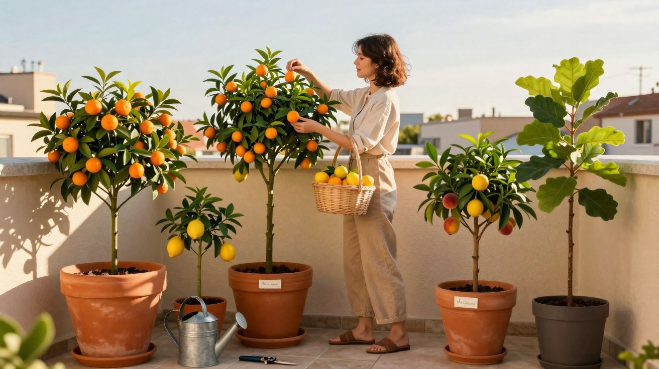 Mulher colhendo frutas de árvores cítricas em vasos num terraço ensolarado.