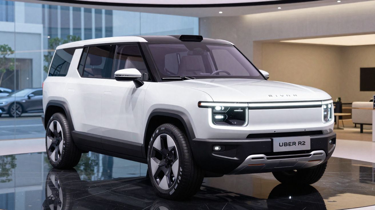 SUV elétrico branco Rivian modelo Uber R2 exibido em showroom moderno com piso refletivo.