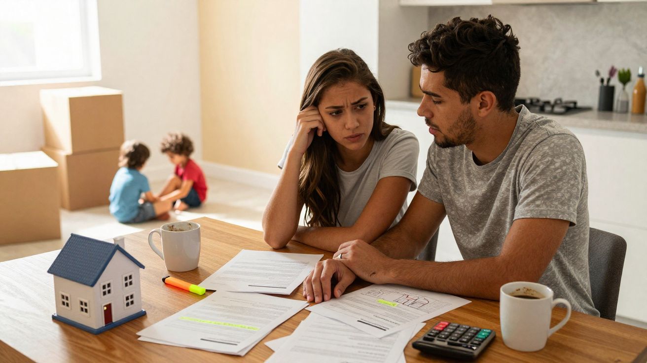 Casal preocupado analisa documentos financeiros na mesa com crianças e caixas de mudança ao fundo.