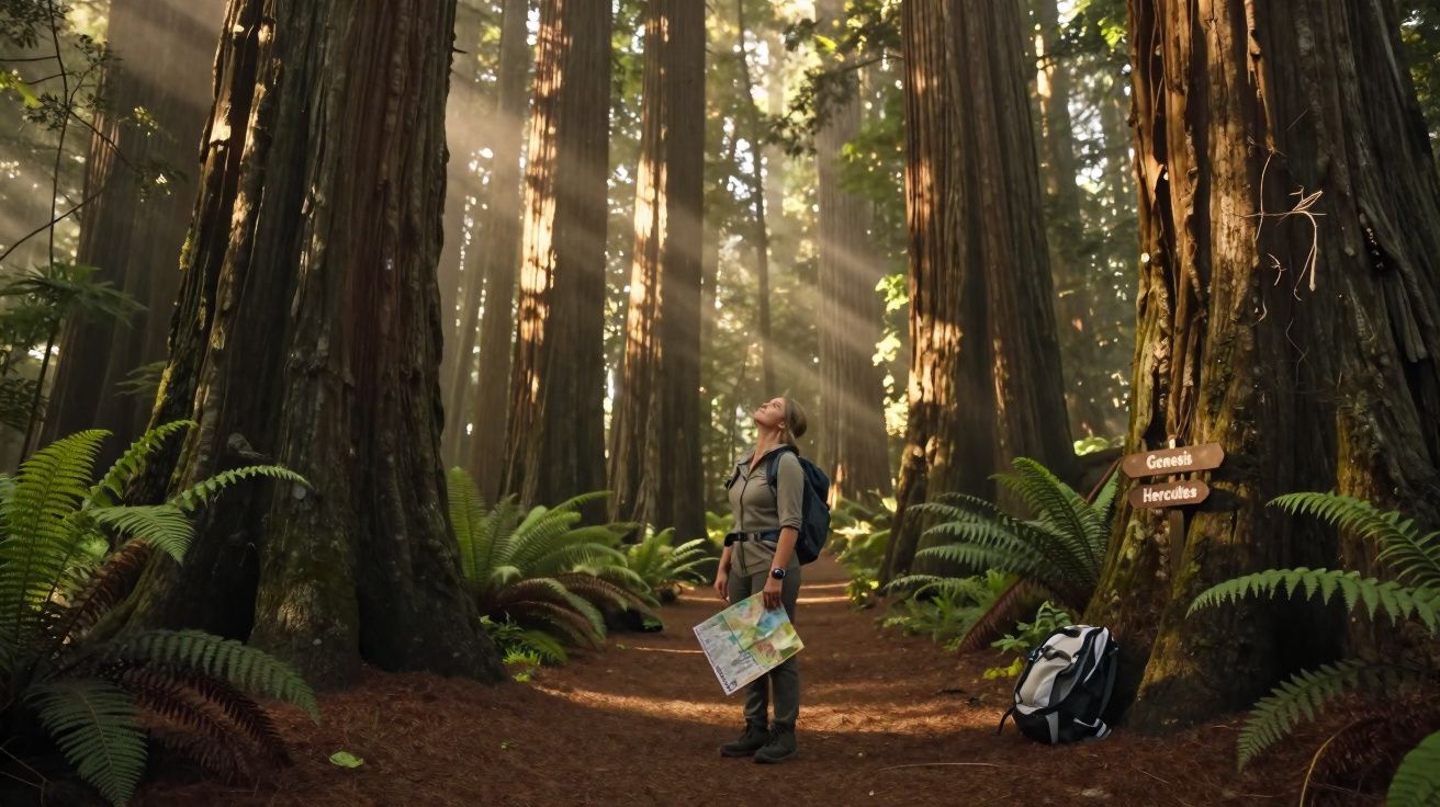 Pessoa com mochila segurando mapa em floresta de árvores altas com luz solar atravessando o cenário.