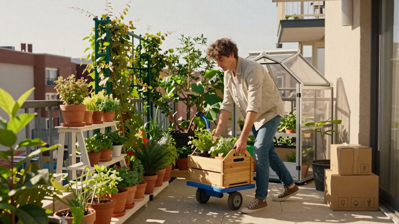 Homem transportando caixa de madeira com plantas em carrinho na varanda ensolarada com vários vasos.