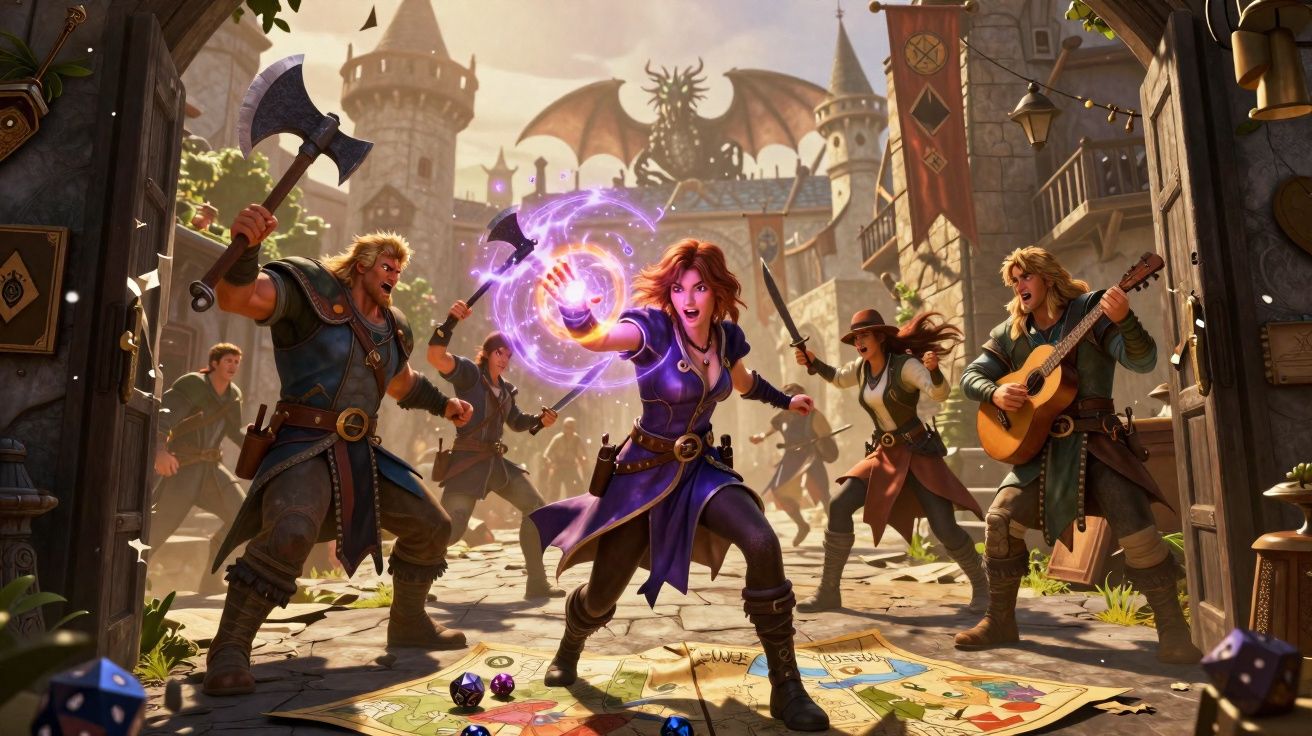 Grupo de aventureiros em fantasia medieval lutando com magias e armas em uma vila com castelos ao fundo.