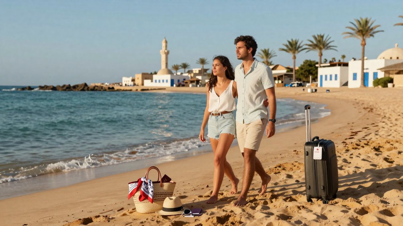 Casal jovem caminhando descalço na praia com mala e objetos de viagem na areia ao pôr do sol.