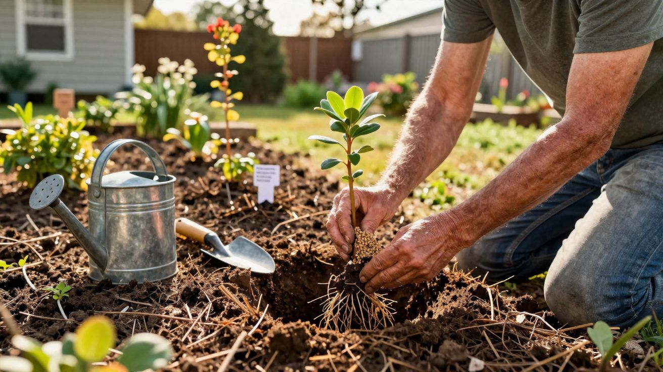 Pessoa plantando muda em jardim com regador e pá ao lado em dia ensolarado.