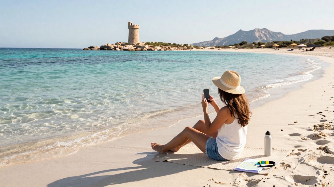 Mulher sentada na areia da praia com celular, chapéu, caderno e garrafa, torre e montanhas ao fundo.