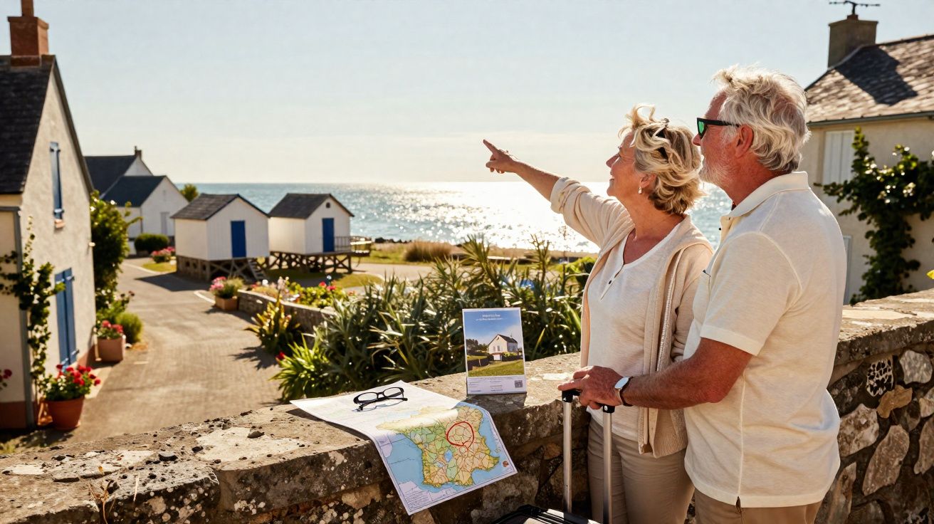 Casal idoso turista olhando para o mar em vila costeira com mapa e mala ao lado.