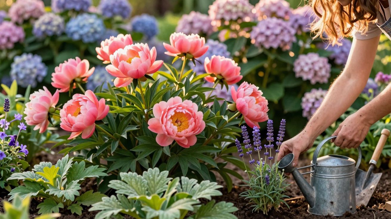 Pessoa regando flores rosas em jardim com hortênsias lilás e azul ao fundo em dia ensolarado.