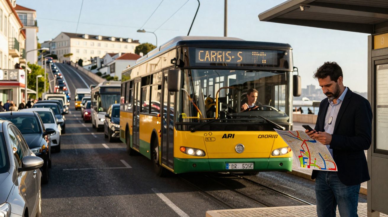 Homem consultando mapa e celular na parada enquanto ônibus amarelo para em rua movimentada no fim da tarde.