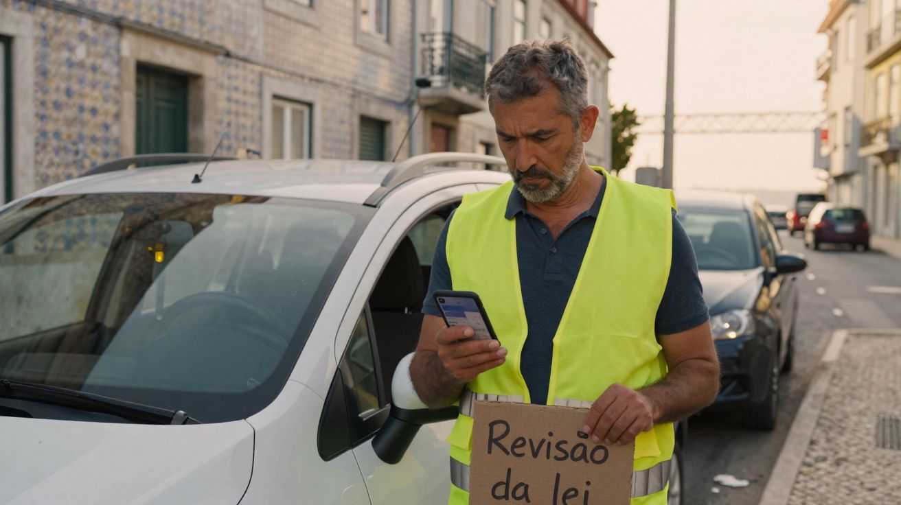 Homem com colete amarelo faz protesto segurando cartaz em português na rua ao lado de carros estacionados.