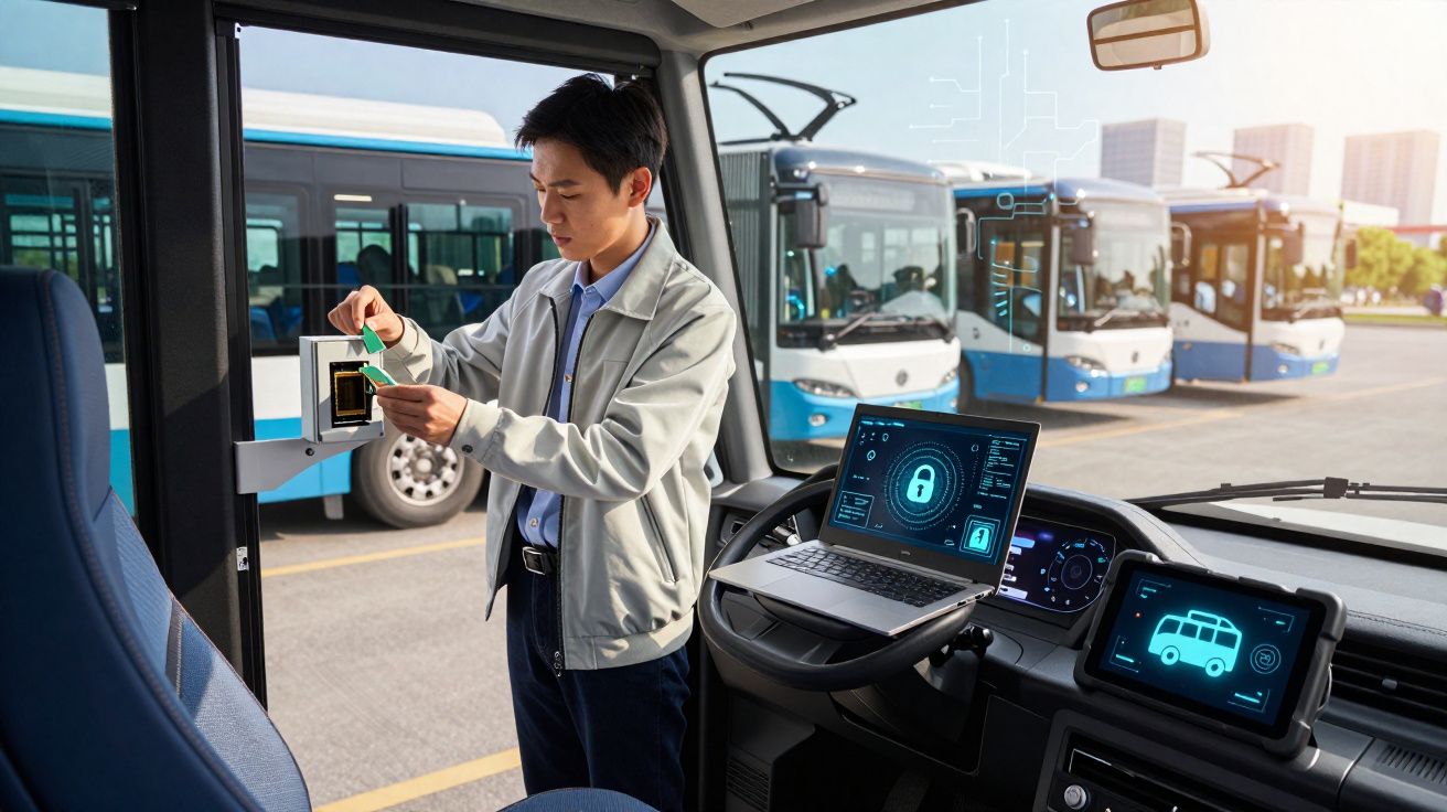 Homem usando cartão para acesso em ônibus moderno com telas digitais e outros ônibus ao fundo.