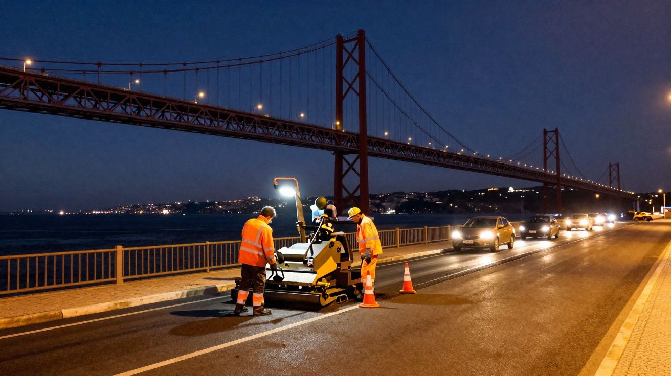 Trabalhadores com coletes refletores realizam manutenção noturna em estrada próximo a ponte iluminada com carros formando fil