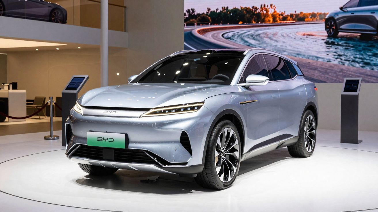 Carro elétrico prata BYD exibido em salão de automóveis moderno com iluminação e tela ao fundo.