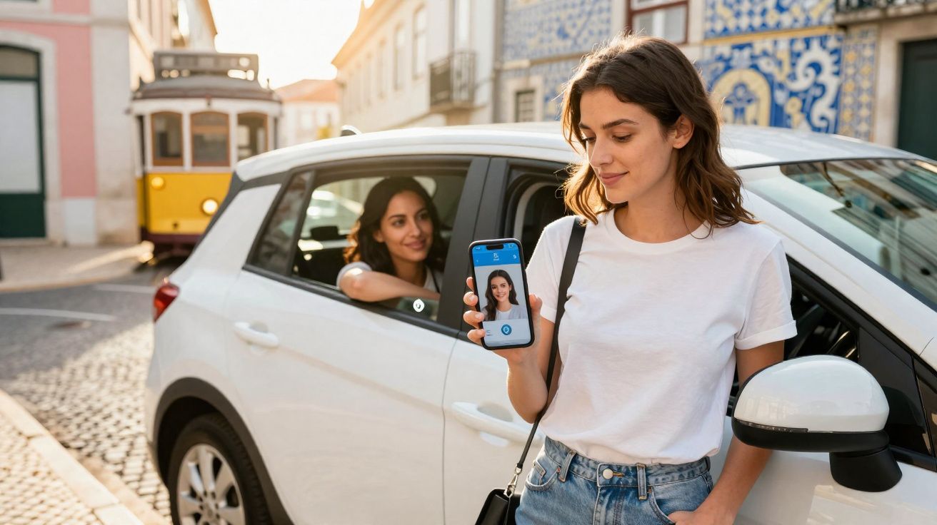 Mulher mostrando app de carona no celular, outra dentro de carro branco em rua com bondinho amarelo.