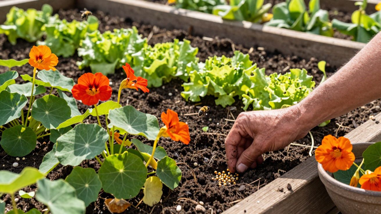Mão plantando sementes em terra de horta com flores laranjas e folhas verdes ao redor.