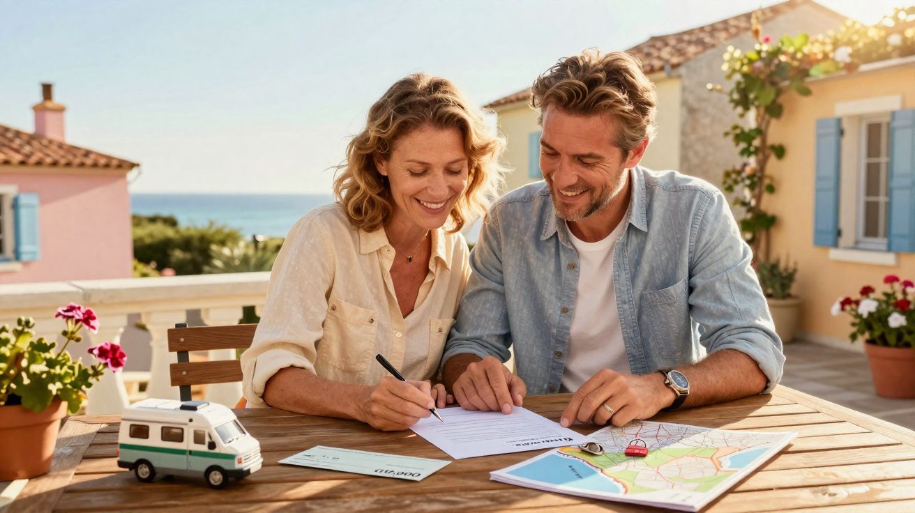 Casal sorridente assinando documentos na varanda com mapa e van de brinquedo na mesa ao ar livre.