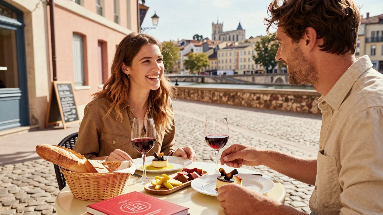 Casal sorrindo aprecia vinho e sobremesas em mesa ao ar livre em rua charmosa de paralelepípedo.