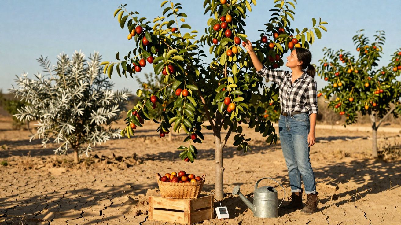Mulher colhendo frutos vermelhos em árvore em área seca com cesta, regador e painel solar no chão.