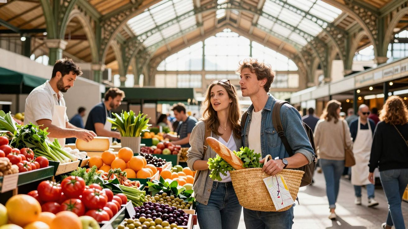 Casal jovem com cesta de compras escolhe frutas frescas em mercado coberto movimentado.