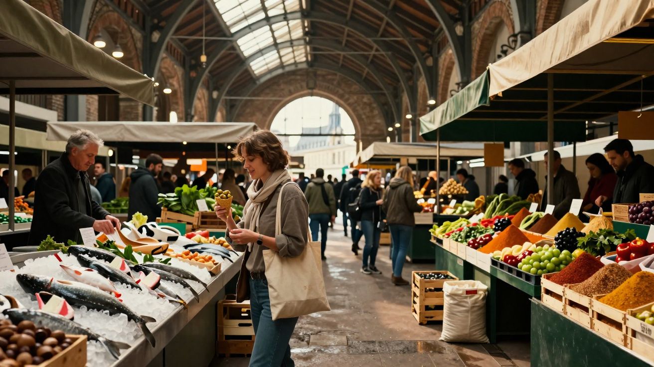 Mercado coberto com barracas de peixes e frutas, pessoas comprando e ambiente movimentado.