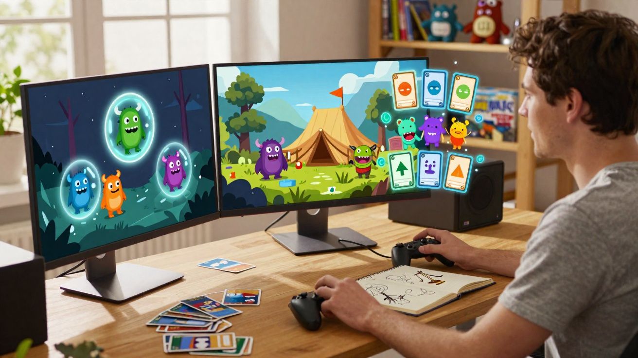Homem jogando videogame educativo com personagens coloridos em dois monitores numa mesa.