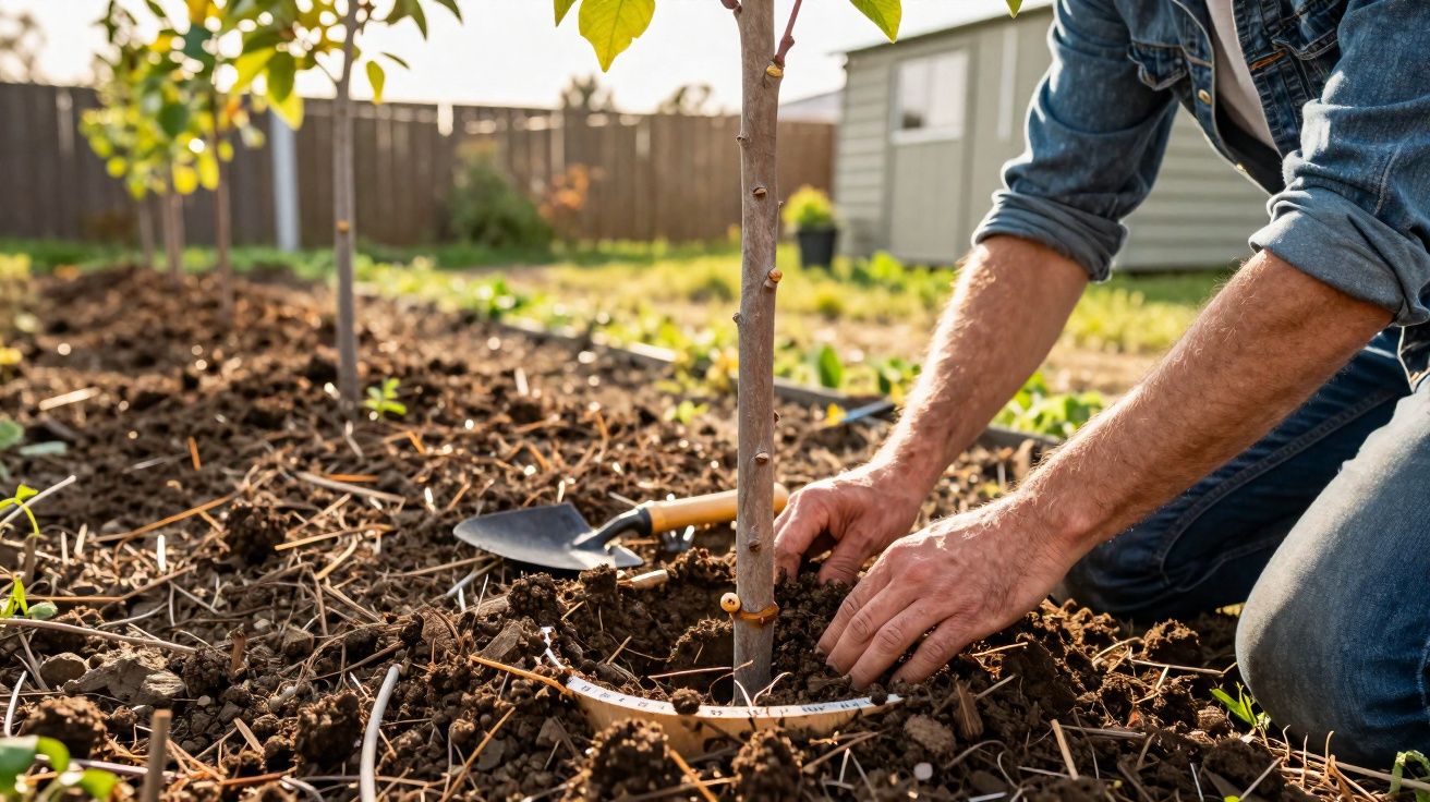 Pessoa plantando muda de árvore em solo de jardim ensolarado, com enxada ao lado.