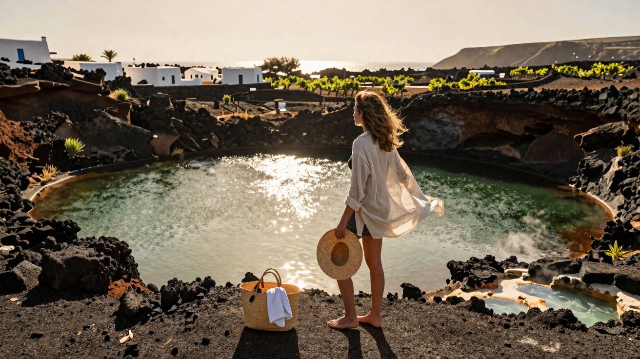 Mulher de cabelos ao vento, segurando chapéu, observa lagoa cercada por pedras negras em vila ensolarada.