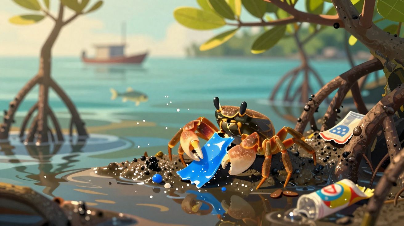 Caranguejo segurando plástico azul em rio poluído com lixo e vegetação ao fundo.