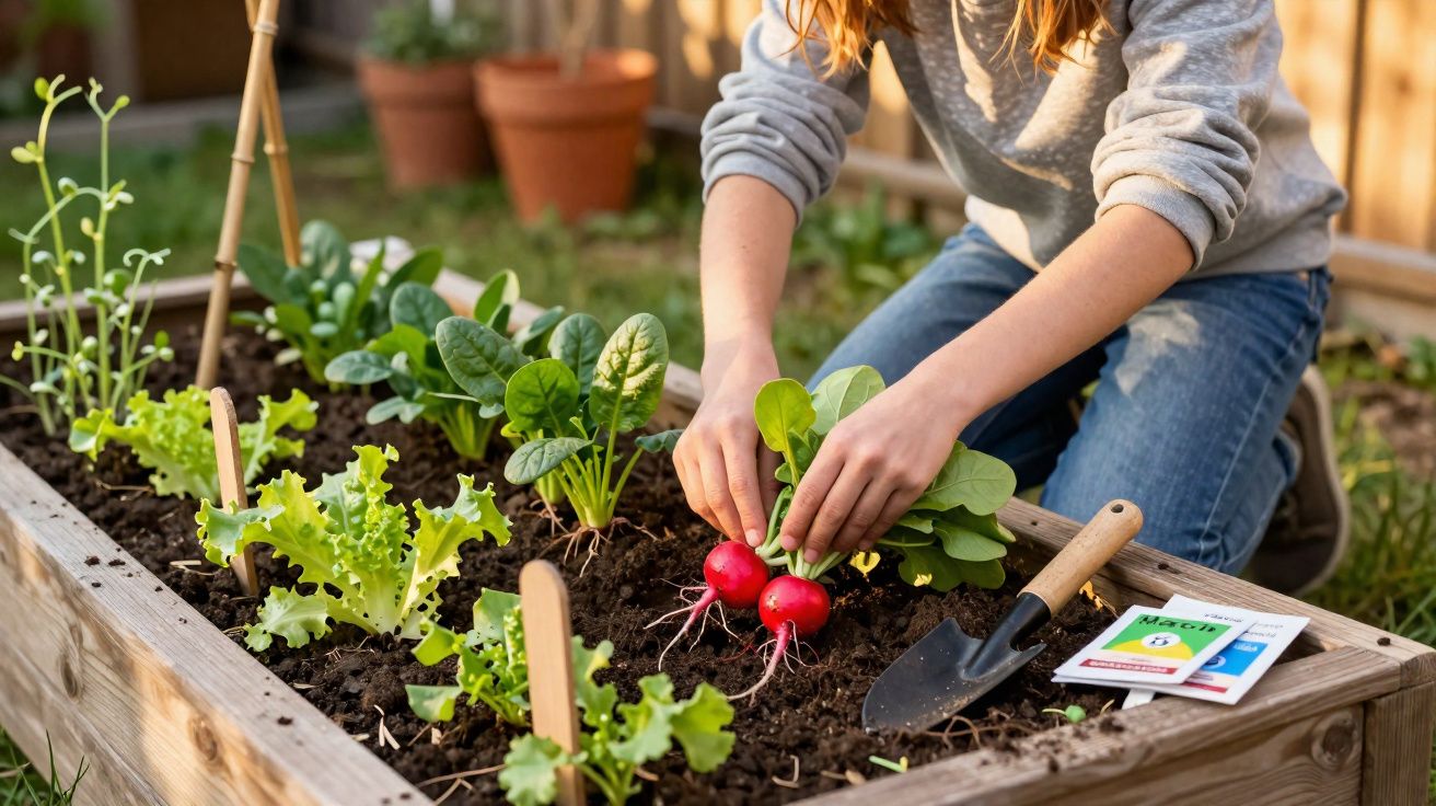 Pessoa colhendo rabanetes em canteiro de verduras com ferramentas e sementes ao lado.