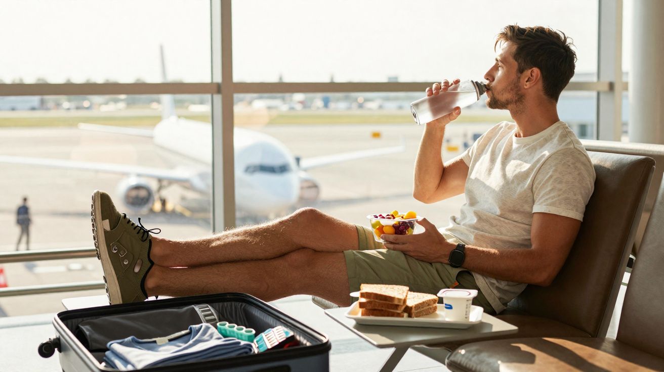 Homem sentado em área de embarque de aeroporto com mala aberta, comendo frutas e bebendo água, avião ao fundo.